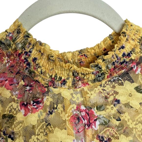 Almost Famous Womens Top XXL Yellow Floral Lace Overlay Ruffle Sleeveless Boho - Picture 3 of 7
